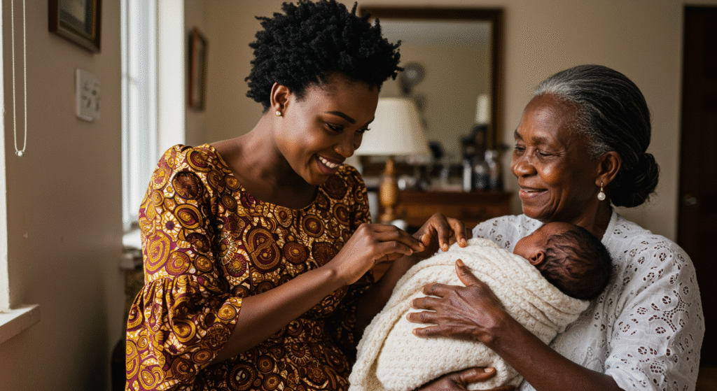 Nigerian mum watching her baby being held by grandmother with a loving smile__davinciblog_ng