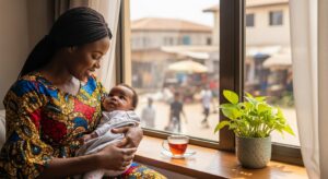 A calm Nigerian mother bonding with her newborn during omugwo while resting at home.