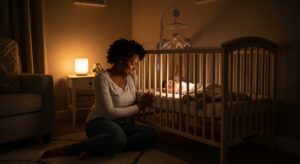 Tired mother sitting beside her baby’s crib