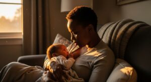 Mother feeding her baby in the early morning light, capturing calm connection and gentle care