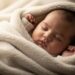 Sleeping baby wrapped snugly in a soft blanket, resting peacefully in gentle light.