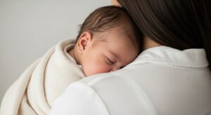 Mother cradling her sleeping baby close to her chest, capturing tenderness and calm connection.