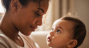 Mother looking into her baby’s eyes, recognizing and responding to subtle cues of connection