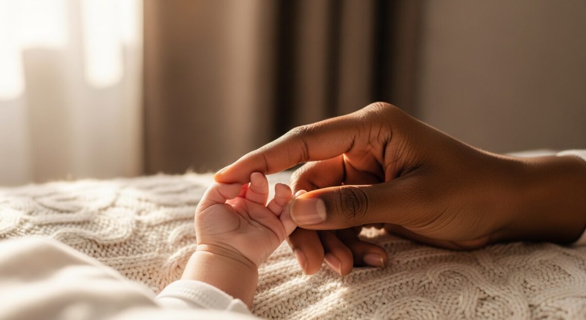 A mother and baby holding hands on a bed in gentle morning light, symbolizing peace and connection.