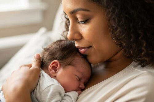 Grandmother confidently holding a newborn during omugwo while the babyās mother looks on.
